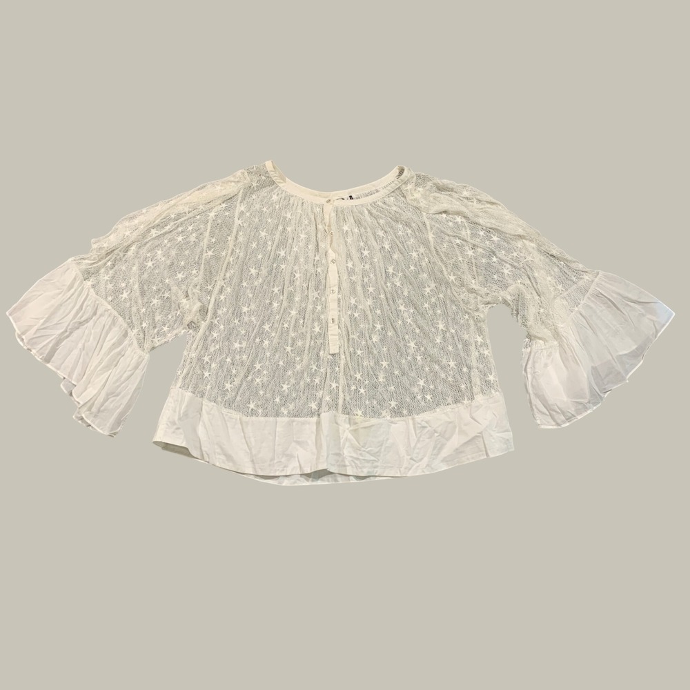 Akemi + Kin Star Lace Bell Sleeve Blouse Womens Large White Boho Celestial Top